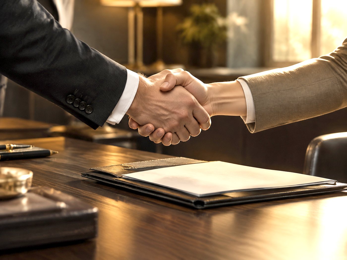 Handshake over a desk with an open folder, warm light