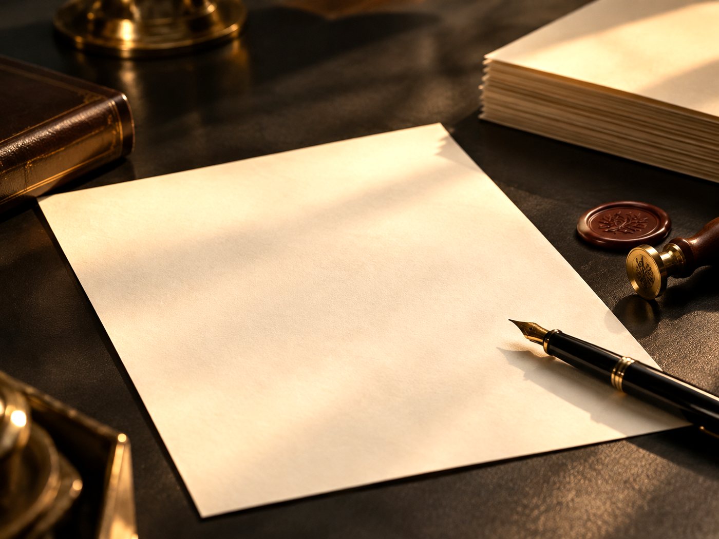 Blank formal document with a fountain pen and a wax seal on a dark surface