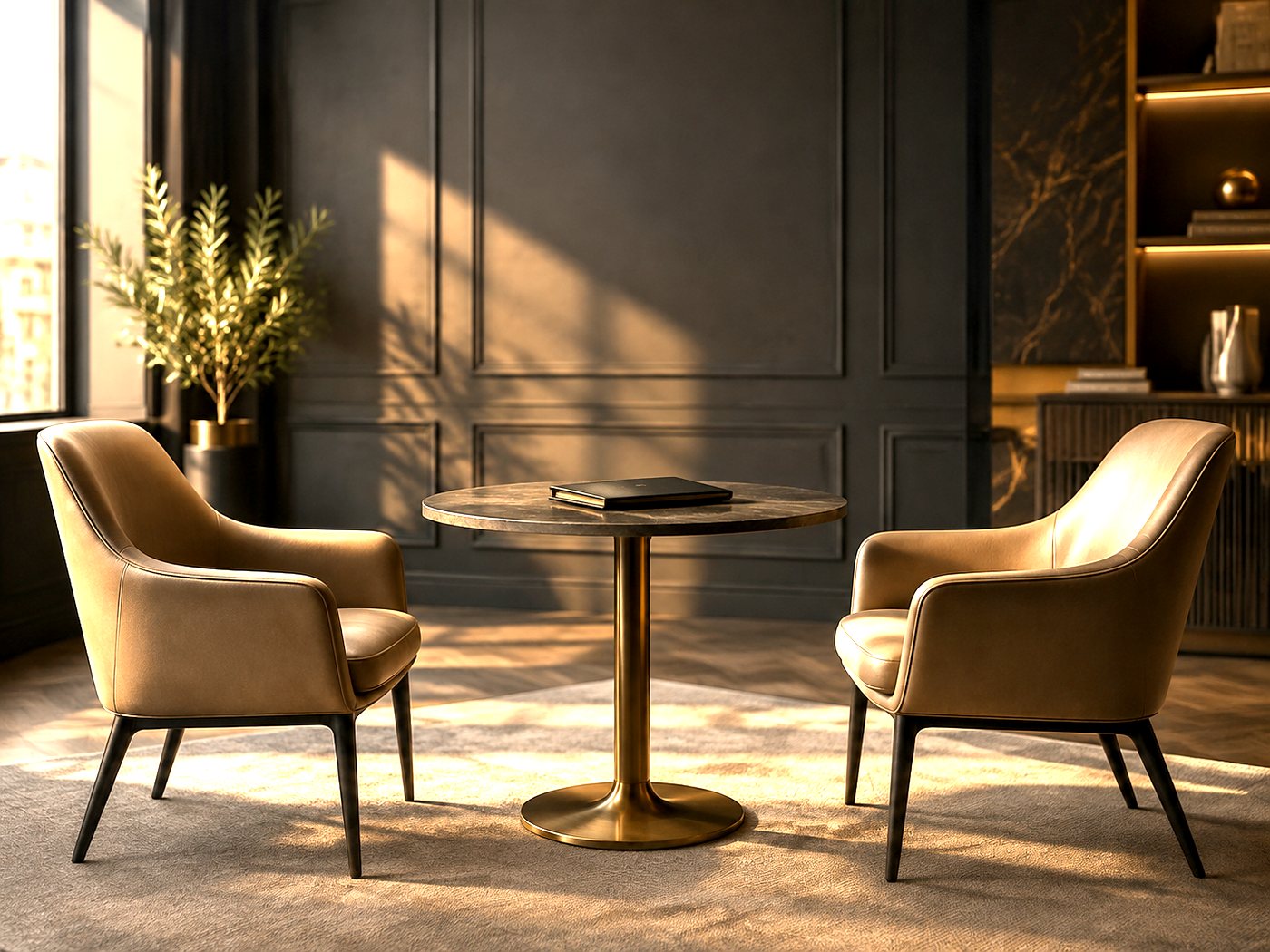 Two empty chairs facing each other across a small round table with a folder