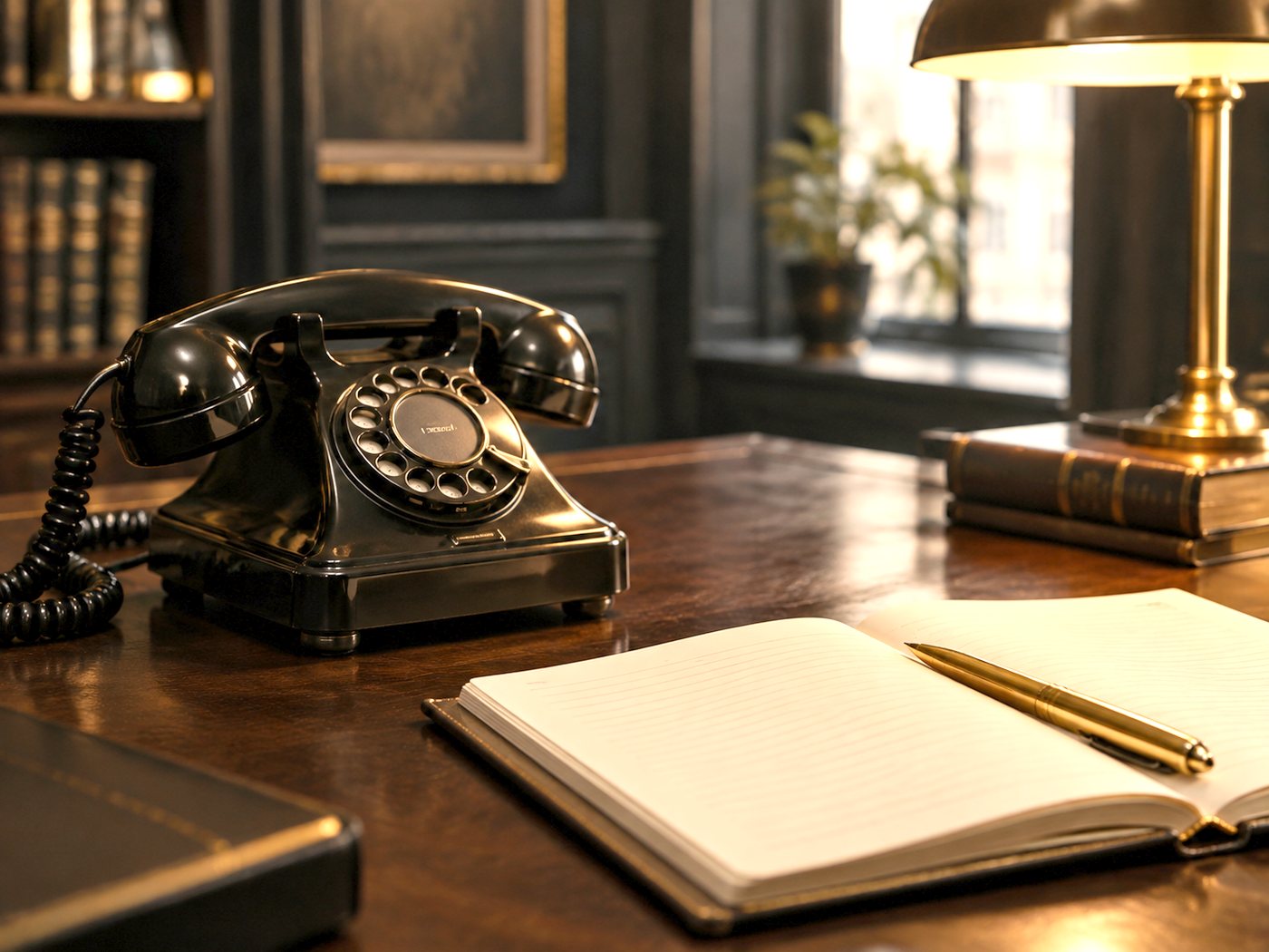 Vintage black desk telephone beside an open notepad and a pen on a dark desk